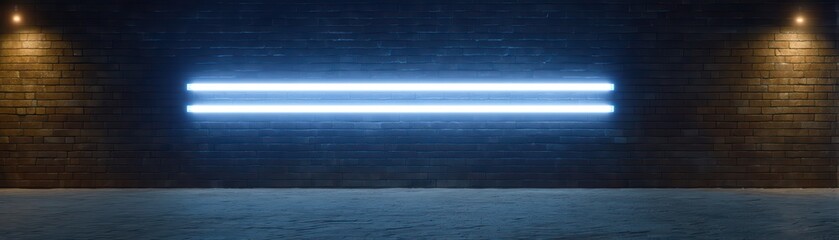 Poster - Illuminated Neon Strips Against Dark Brick Wall in Modern Industrial Setting for Creative Background or Design Projects