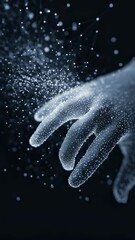 Aufkleber - Polygonal hand slowly opening and releasing glowing particles on a dark background, representing concepts like technology, innovation, and the digital world