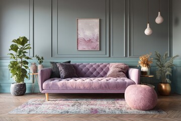 Aufkleber - Living room interior design showcases a grey sofa with pink pillows, flowering branches, and plant near large windows