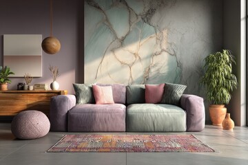 Aufkleber - Living room interior design showcases a grey sofa with pink pillows, flowering branches, and plant near large windows