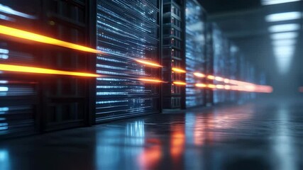 Poster - Brightly Lit Server Racks A closeup of a servers glowing interfaces amidst a backdrop of sleek modern supercomputers. This image captures the energy and complexity of AI training environments