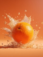 Poster - Juicy Tangerine Bursts in Slow Motion Surrounded by Splashes and Droplets Against an Orange Background in This Vibrant 3D Render