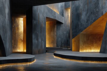 Aufkleber - Exploring minimalist architecture interior space with textured walls and subtle golden light accents illuminating the space