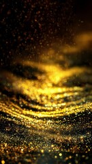 Poster - Golden particles gracefully float and descend upon a rippling, reflective surface, creating a mesmerizing interplay of light and shadow against a dark backdrop