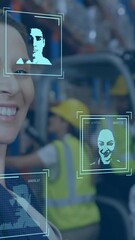 Poster - Facial recognition animation over warehouse workers and smiling businesswoman
