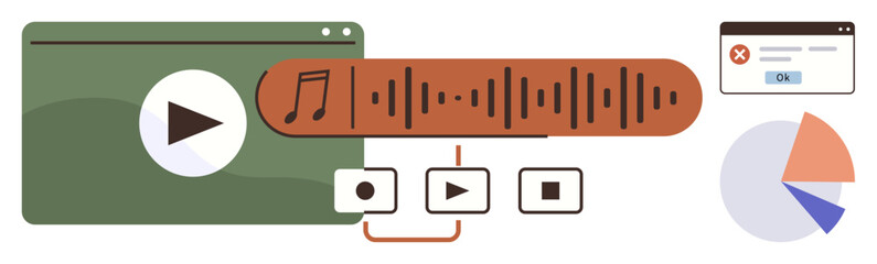 Poster - Play and pause button, audio waveform, browser alert popup, circular chart, and media options. Ideal for media, communication, technology analytics design tutorials content creation. Simple flat
