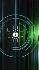Poster - Animation of padlock icon and circles over server room