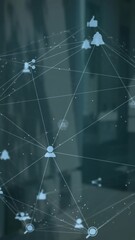 Poster - Animation of connected icons forming globe over big pillars of building in background