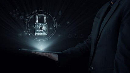 Poster - A professional man in a black suit holds a tablet illuminating a digital lock and various data icons, emphasizing themes of cyber security and information protection in modern technology. Qubit