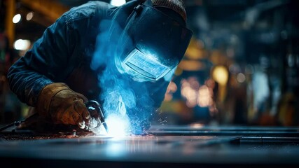 Poster - Industrial worker wearing protective gear and welding metal in a factory, sparks flying, creating a dramatic and dynamic scene of manufacturing and craftsmanship