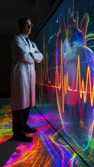 Poster - confident doctor with arms crossed observes a colorful holographic projection of a beating heart and