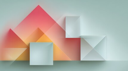 Aufkleber - Colorful abstract image of squares and triangles. The squares are in different colors and sizes, and the triangles are also in various sizes and orientations. The image has a playful