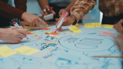Poster - A dynamic scene of diverse people collaborating in a workshop, surrounded by colorful sticky notes and vibrant drawings, fostering creativity and teamwork in an inviting office space. SACTR