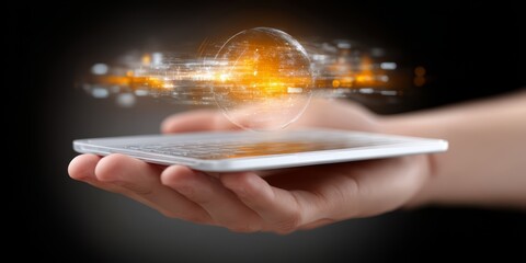 Aufkleber - Hand holding a cell phone with a glowing orb on the screen. Concept of technology and innovation, as well as the idea of being connected to the digital world