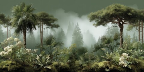 Wall Mural - lush green forest with trees and plants. the trees are tall and the sky is cloudy