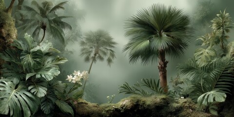 Wall Mural - lush green jungle with a tree in the foreground. the trees are tall and the foliage is dense. the sk