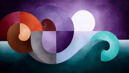 Aufkleber - Painting of a wave with a moon in the sky. The painting is a mix of colors and shapes, with a purple and blue wave and a red and orange spiral. The mood of the painting is calm and serene