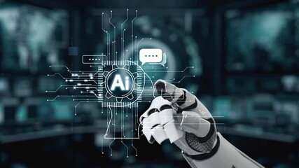 Poster - A robotic hand reaches toward a high-tech digital interface, symbolizing the integration of AI technology in modern environments, highlighting innovation and interaction. Auvana