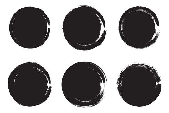 Set of black grunge paintbrush strokes. Enso Zen symbol. Circular label, logo, text frame, banner, emblem, badge. Grunge design element. Isolated. Distress texture. Ink brush strokes