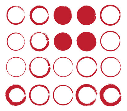 Set of black grunge paintbrush strokes. Enso Zen symbol. Circular label, logo, text frame, banner, emblem, badge. Grunge design element. Isolated. Distress texture. Ink brush strokes