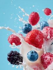 Poster - Vibrant Splash of Assorted Berries With Milk, Showcasing Bright Colors and Dynamic Motion in a Fun Culinary Display
