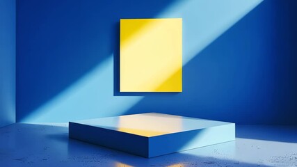 Fototapete - Geometric Composition: A vibrant 3D rendered scene showcasing a minimalist interior, featuring a striking yellow rectangle on the wall above a square platform.