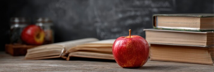 Poster - Red Apple and Stacked Books on a Teachers Desk With Chalkboard and Classroom Elements in the Background