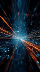 Poster - Orange and blue streaks of light create a mesmerizing tunnel effect, simulating a journey through hyperspace, with a bright light at the end of the tunnel, suggesting an exit point or destination