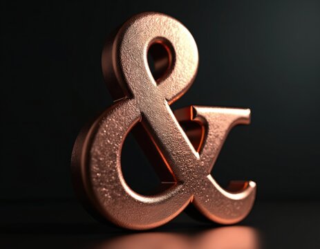 Polished copper ampersand symbol, 3D rendered metallic object on dark black background. Shiny ampersand conveys connection, partnership, business concepts. Clean isolated design emphasizes brand