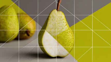 Poster - Abstract Pear Slice Arranged With Geometric Tiles Showcasing a Clean Aesthetic in the Right Zone