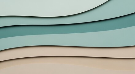 Poster - Abstract layered paper art in shades of green, teal, and beige creating a wavy, organic pattern.