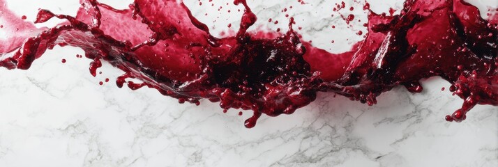 Poster - Artistic Splash of Beet Juice Creating Vibrant Patterns on a White Marble Surface With Clear Space on the Side