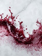 Poster - Artistic Splash of Beet Juice Creating Dynamic Patterns on a Smooth White Marble Surface With Clear Side Space