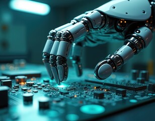 Poster - Dramatic closeup robotic hand manipulates circuit board in futuristic lab. AI technology integration, precision engineering. Automation, cybernetics, future manufacturing, electronic research, data