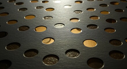 A macro shot of a perforated, dark surface with circular holes, illuminated from above, creating strong contrasts and reflections. Minimalist style, focus on texture and light interplay.