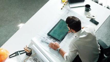 Poster - Skilled caucasian relaxed civil engineer lie on chair at table with blueprint in break time. Professional architect engineer sleeping and relaxing after working on laptop and equipment. Alimentation.