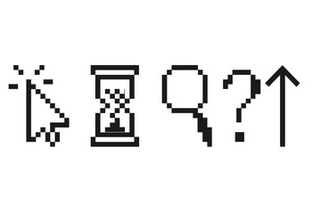 Poster - Pixel Art Cursor Icon Set – Mouse Click, Hourglass, Magnifier, Question Mark, Up Arrow, Retro Computer Symbols, 8-Bit Style, Isolated Transparent Vector Illustration