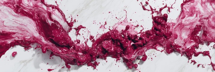 Poster - Artistic Splash of Beet Juice Creates Vibrant Patterns on White Marble Surface Accentuating Contrasting Textures and Colors