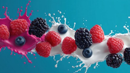 Poster - Assorted Berries Create a Vibrant Splash in Milk, Showcasing Bright Pop Art Colors With an Energetic Visual Flow
