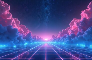 Leinwandbilder - Synthwave style digital landscape. Neon grid floor extends to horizon under vast sky filled with pink, blue clouds. Starry night backdrop with bright glowing sun. Perfect for futuristic, retro,