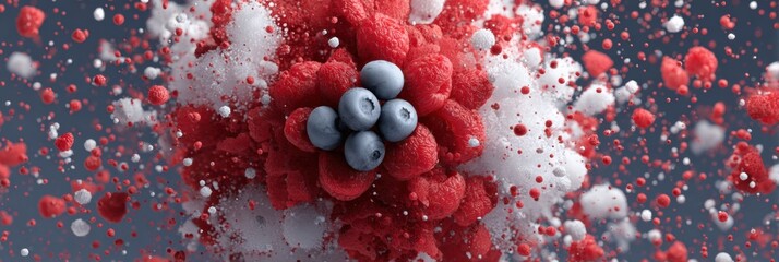 Poster - Berry Explosion Showcasing Vibrant Colors and Textures in an Artistic 3D Illustration With a Central Opening Filled With Blueberries