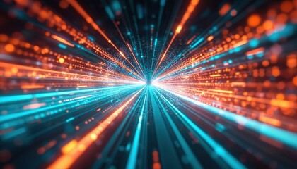 Fototapete - Digital scene with large rectangular shape in dark gray outline. Vibrant colorful lines add movement, dynamism, depth complexity. Blue, orange background with scattered colors creates visual