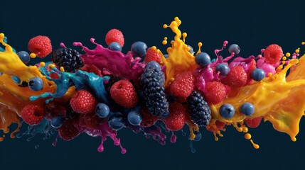 Poster - Colorful Artistic Paint Splash Creating a Vibrant Composition of Berries With an Open Top Effect in a Dark Background