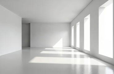 Poster - Minimalist white interior room with clean walls, floor, ceiling. Sunlight streams through tall windows casting geometric shadows. Ideal for presentations, exhibitions, modern architectural concepts.
