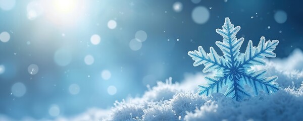 Poster - Closeup illustration of blue snowflake on white snow. Bright winter background with bokeh lights. Detailed geometric ice crystal design, perfect for holiday or seasonal promotions.