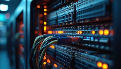 Poster - Computer server room with blinking lights, connected network cables. Detailed view of infrastructure, data processing, modern technology in action. High-tech equipment for data storage, computer