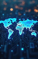 Poster - Digital world map with blue glowing data points shows global connectivity. Features abstract circuitry and bokeh lights, symbolizing technology, data, and virtual intelligence.