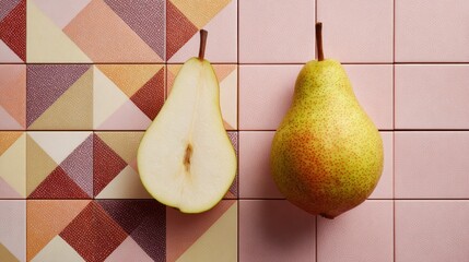 Poster - Abstract Pear Slice Displayed Alongside Whole Pear on Geometric Tiled Background With a Clean Aesthetic