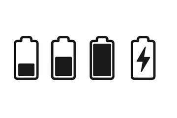 Aufkleber - Battery charge level indicator icon set. Low, medium, half, full, empty and charging status symbols. Mobile app UI UX element. Power energy concept vector illustration.