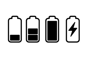 Aufkleber - Battery level icon set. Charge level indicator collection. Low, medium, full, charging symbol for app and UI design. Vector power, energy, accumulator status sign element.